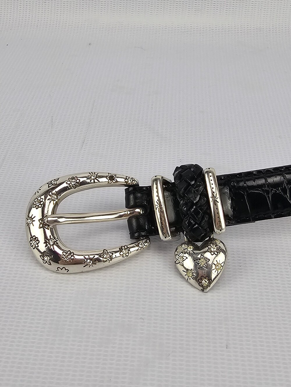 Brighton Vintage Women's Embossed Leather Belt Black Heart Charm Size M/L